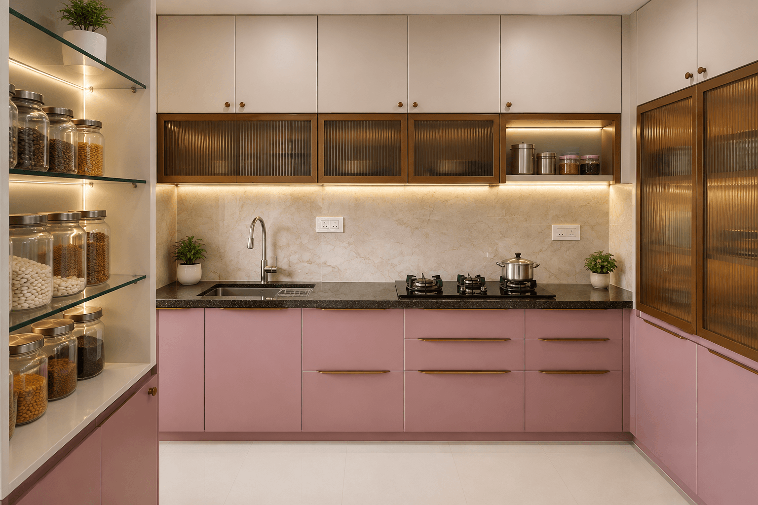 A pink modular kitchen with fluted glass cabinetry