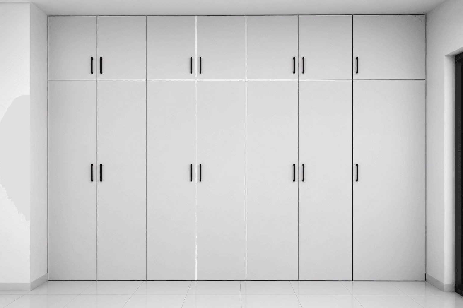A full-height white wardrobe with sleek bar handles